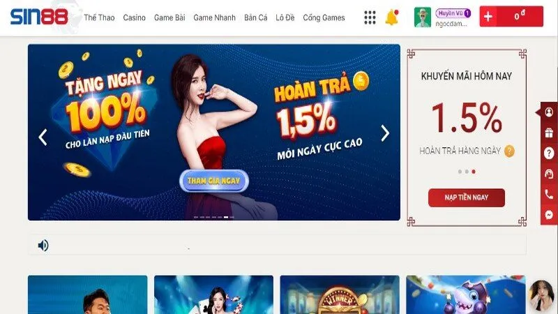 Khuyến m&atilde;i Sin88 ho&agrave;n trả 1.5% kh&ocirc;ng giới hạn số tiền tối đa